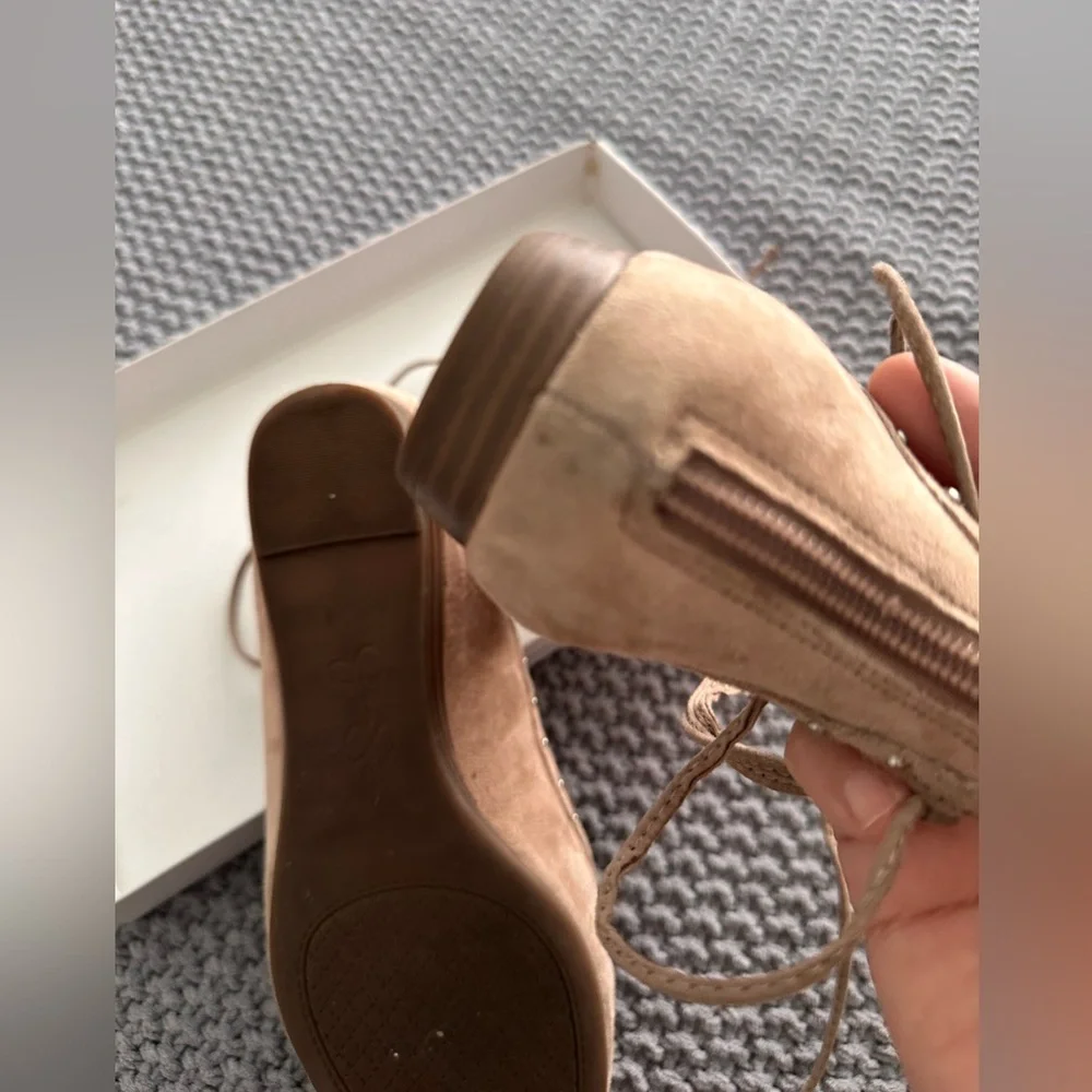 Jessica Simpson Taupe Lace-Up Suede Studded Flats - Picture 7 of 12